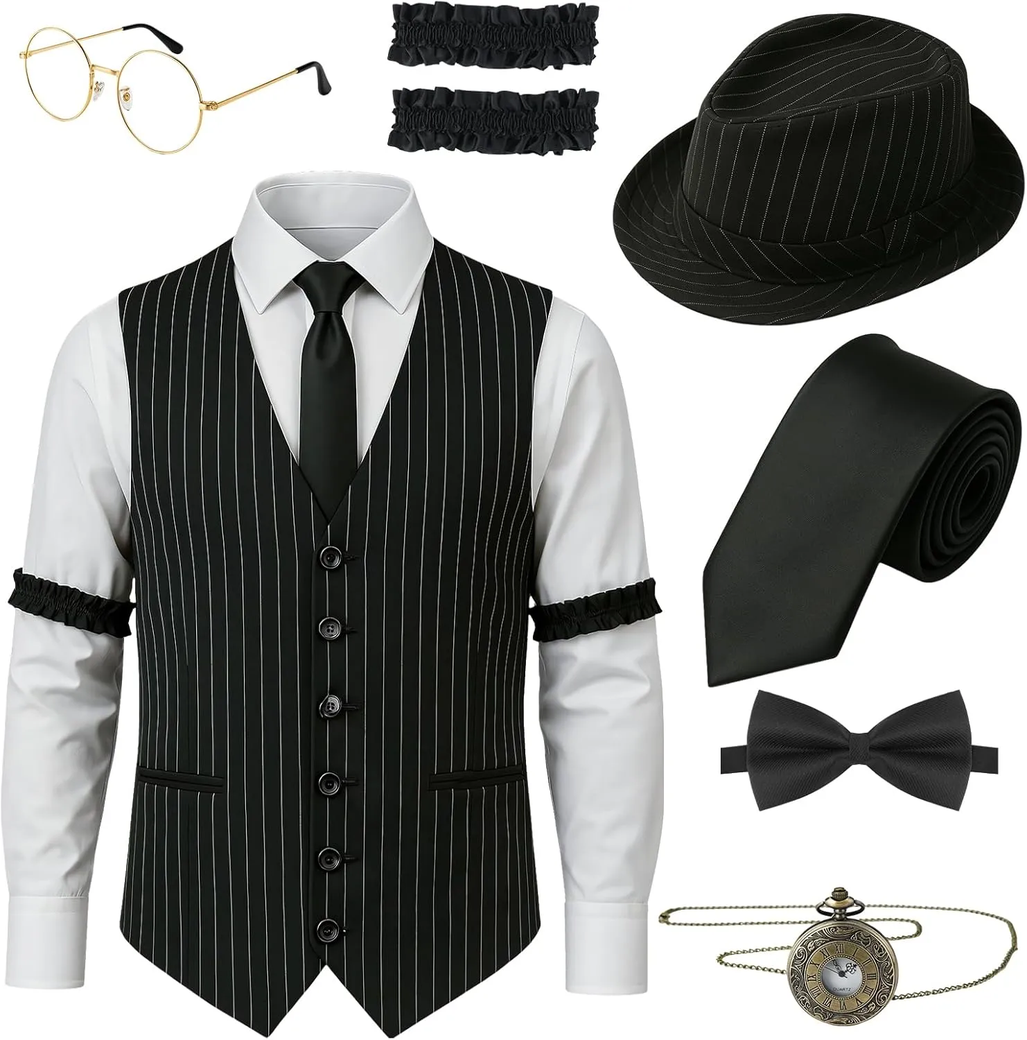 1920s Mens Outfit, Mens Roaring 20s Costumes Accessories Set for Great Men Vest Hat Pocket Watch Tie Pre Tied Bow, Large