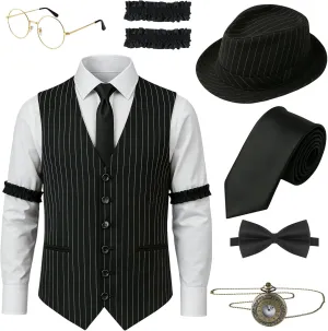 1920s Mens Outfit, Mens Roaring 20s Costumes Accessories Set for Great Men Vest Hat Pocket Watch Tie Pre Tied Bow, Large
