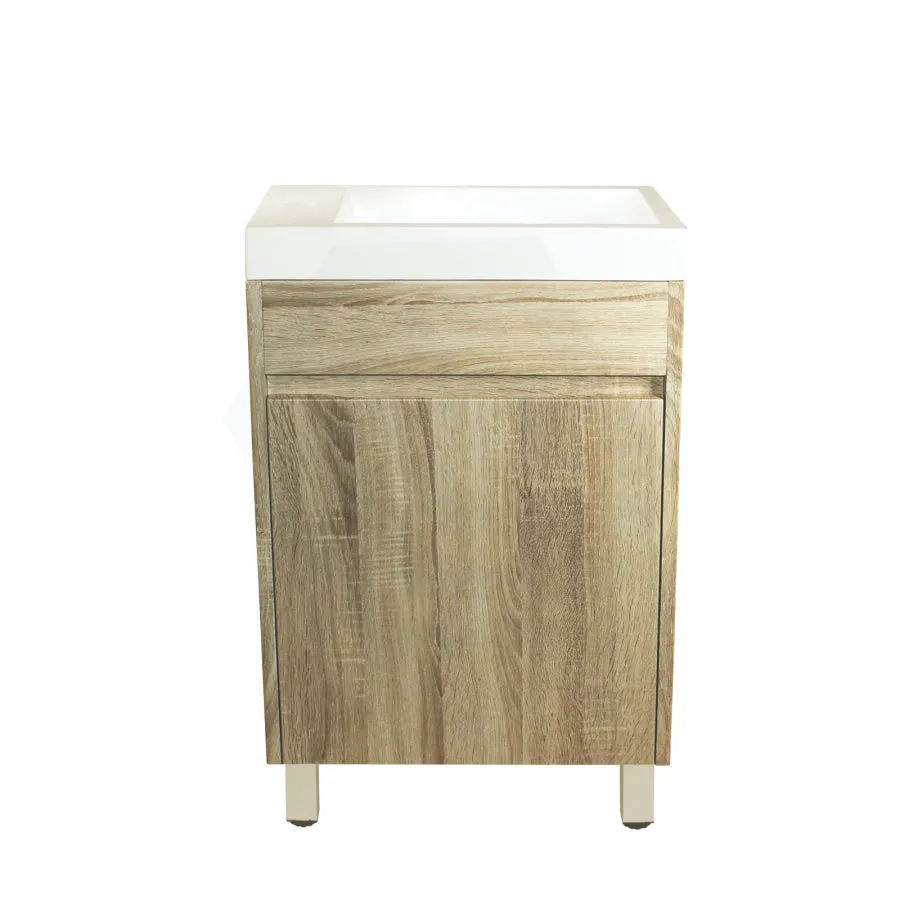 500x250x940mm Mini Bathroom Vanity White Oak Wood Grain Ceramic Top PVC Filmed Floor Freestanding Narrow