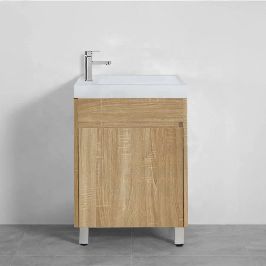 500x250x940mm Mini Bathroom Vanity White Oak Wood Grain Ceramic Top PVC Filmed Floor Freestanding Narrow