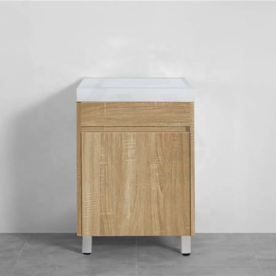 500x250x940mm Mini Bathroom Vanity White Oak Wood Grain Ceramic Top PVC Filmed Floor Freestanding Narrow