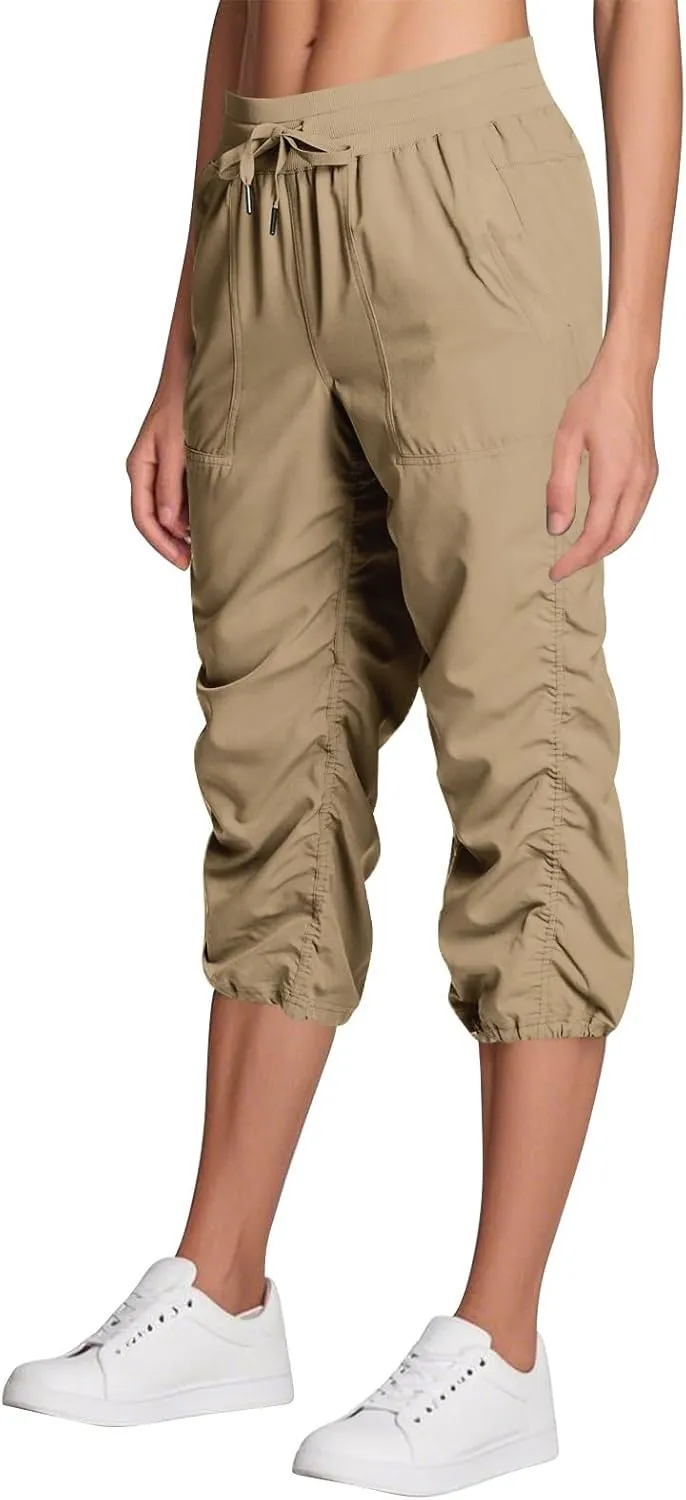 ADHOWBEW Capri Pants for Women Stretch Active Summer Drawstring Casual Hiking Outdoor Baggy Lightweight Joggers with Pockets