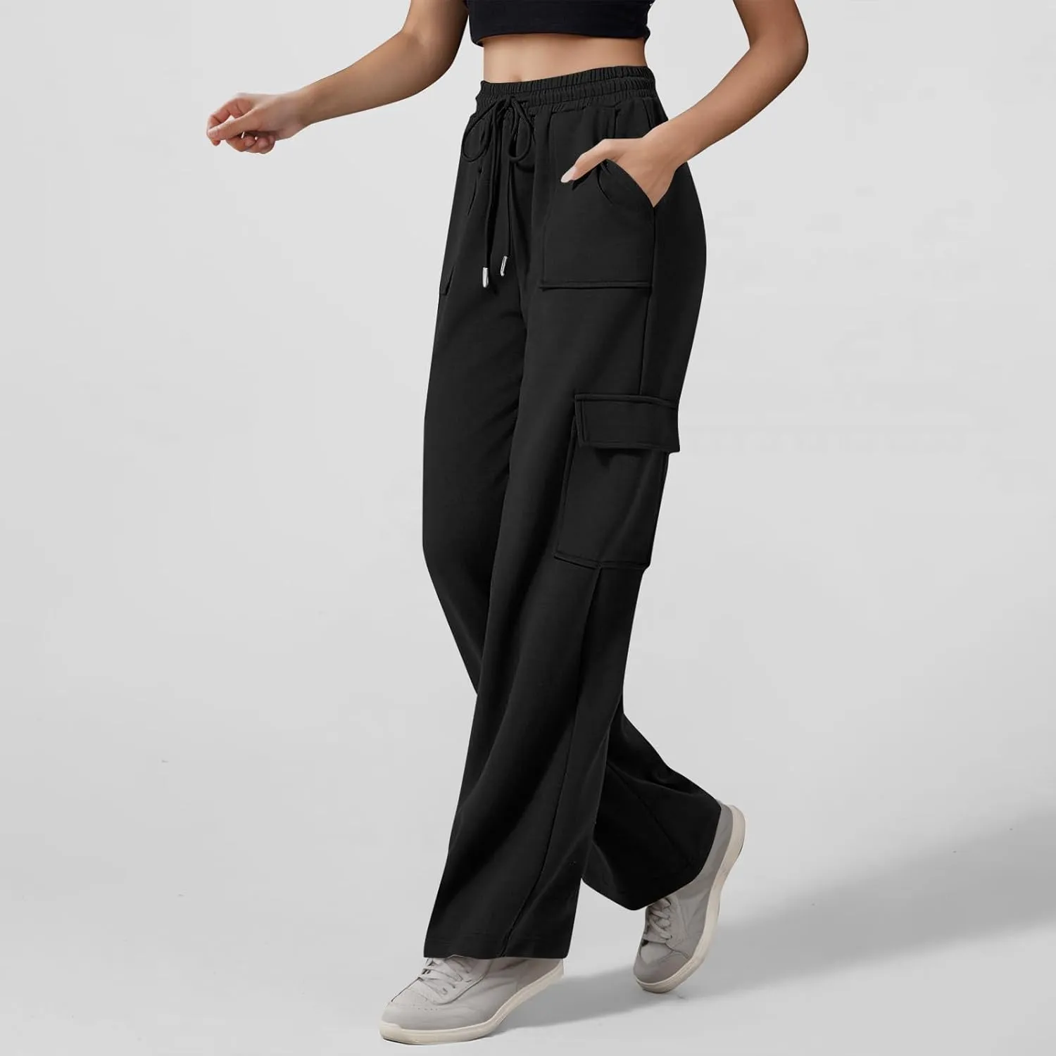 ADHOWBEW Cargo Sweatpants for Women Casual Trendy High Waist Relaxed Fit Wide Leg Drawstring Flare Sweatpants