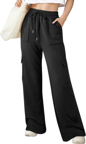 ADHOWBEW Cargo Sweatpants for Women Casual Trendy High Waist Relaxed Fit Wide Leg Drawstring Flare Sweatpants