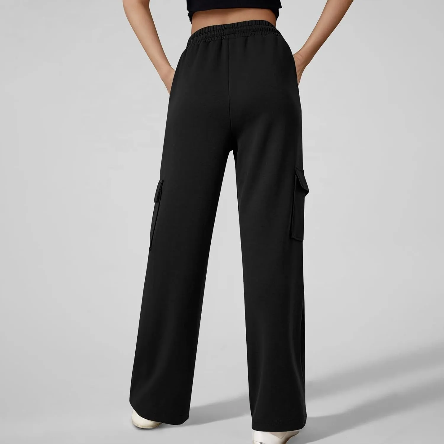 ADHOWBEW Cargo Sweatpants for Women Casual Trendy High Waist Relaxed Fit Wide Leg Drawstring Flare Sweatpants
