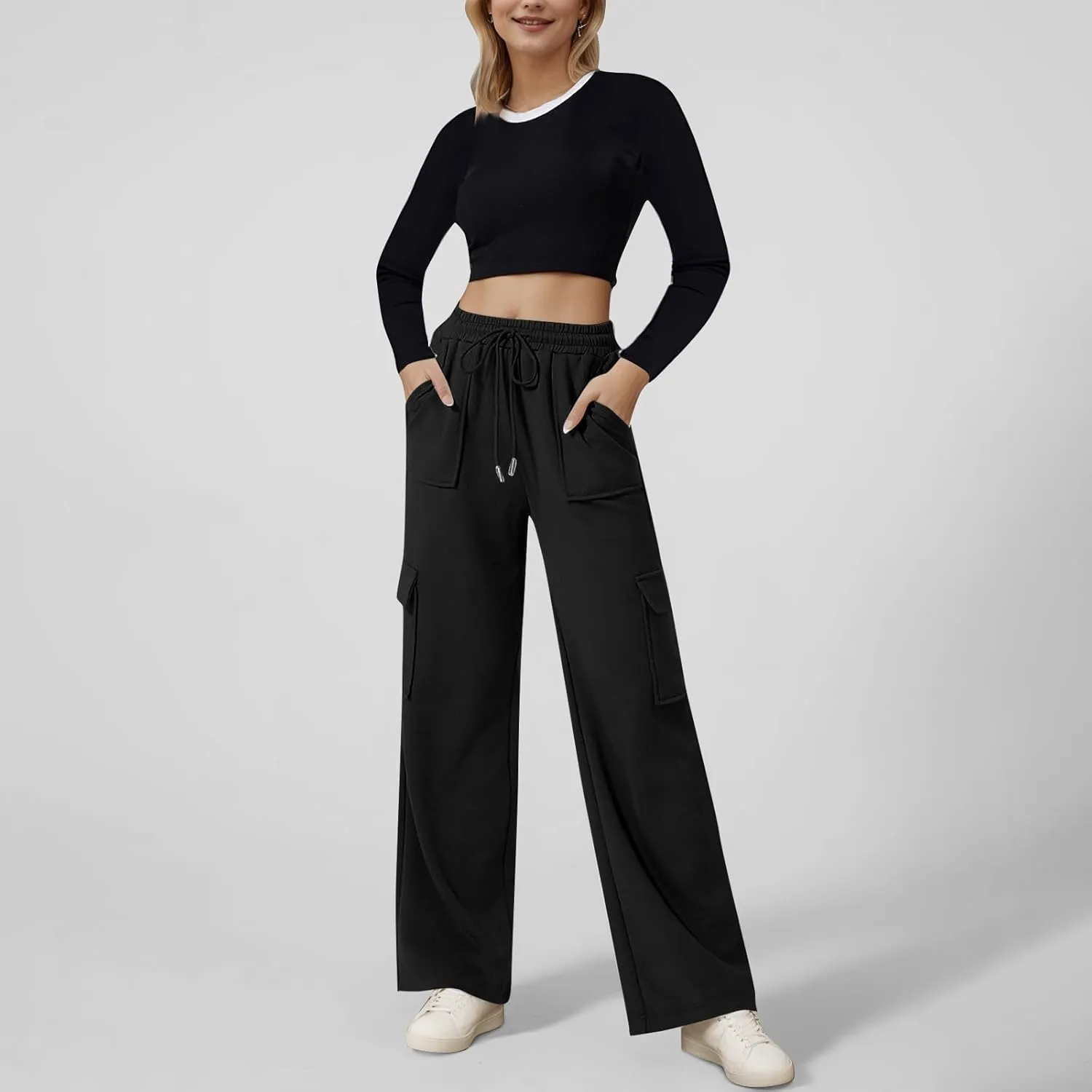 ADHOWBEW Cargo Sweatpants for Women Casual Trendy High Waist Relaxed Fit Wide Leg Drawstring Flare Sweatpants