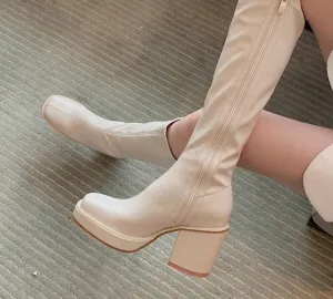 Amozae New Knee High Boots Women Square Heel Casual Winter Long Boot Shoes Ladies Round Toe Zip Fashion Cool Knight Bootties