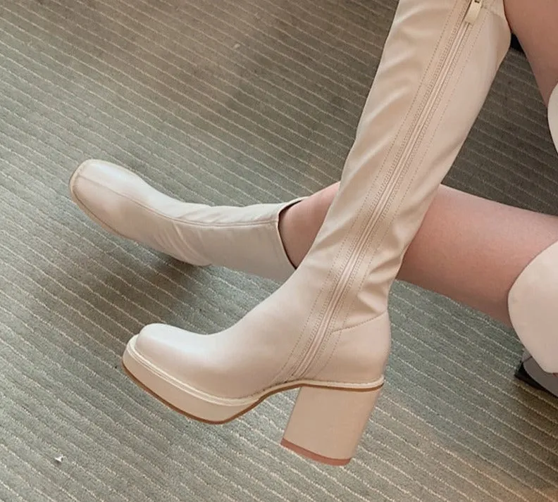 Amozae New Knee High Boots Women Square Heel Casual Winter Long Boot Shoes Ladies Round Toe Zip Fashion Cool Knight Bootties