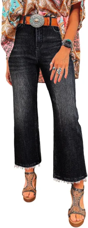 Apvirdy Women's Mineral Wash Raw Hem High Waist Flared Jeans Stretchy Wide Leg Loose Trendy Frayed Edge Cropped Jeans