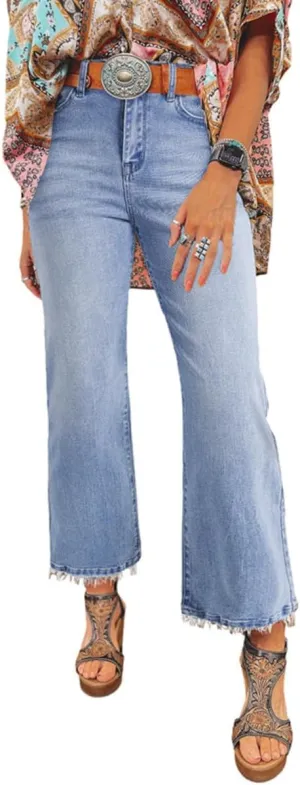Apvirdy Women's Mineral Wash Raw Hem High Waist Flared Jeans Stretchy Wide Leg Loose Trendy Frayed Edge Cropped Jeans