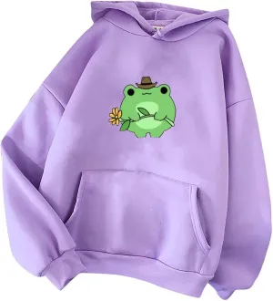 Attine Cute Frog Hoodie for Womens 2024 Long Sleeve Patchwork Sweatshirts Kawaii Frog Graphic Pullover with Pocket