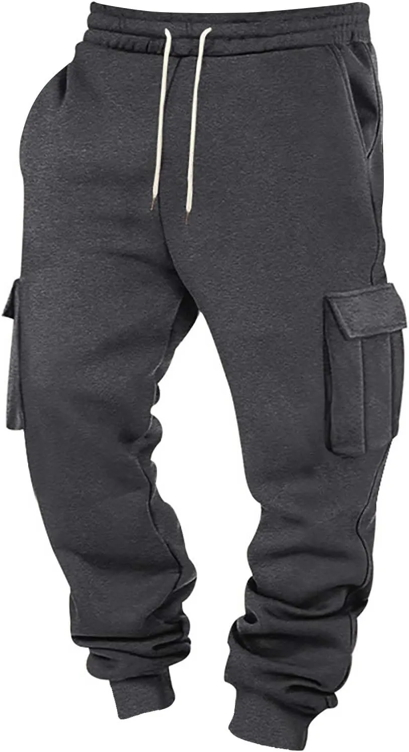 Baggy Cargo Sweatpants for Men Drawstring Waist Fleece Lined Joggers with Pockets Soft Athletic Workout Track Pants