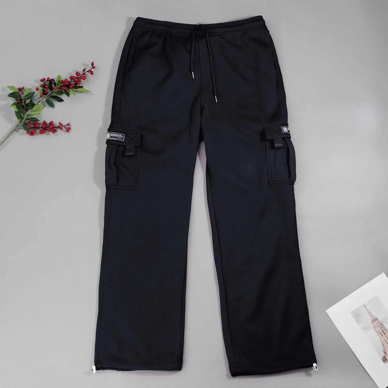 Baggy Cargo Sweatpants for Men Plus Size Drawstring Waist Joggers with Pockets Open Bottom Athletic Sweat Pants