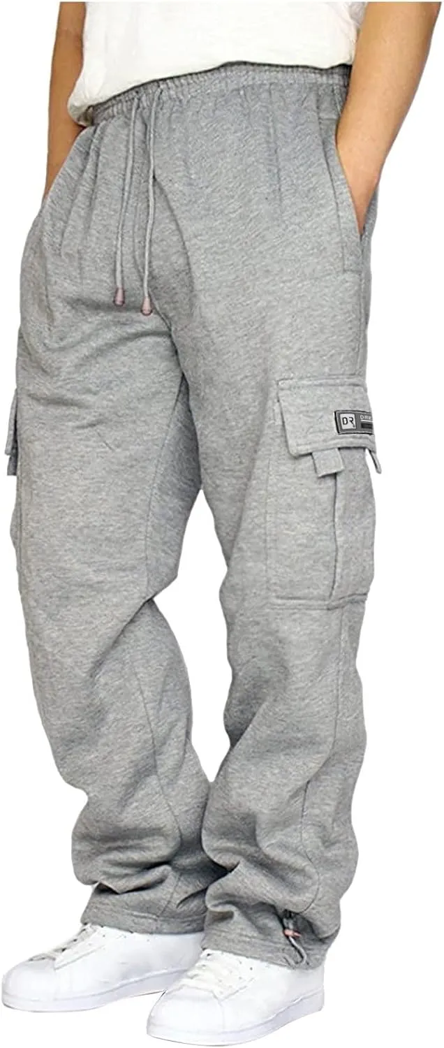 Baggy Cargo Sweatpants for Men Plus Size Drawstring Waist Joggers with Pockets Open Bottom Athletic Sweat Pants