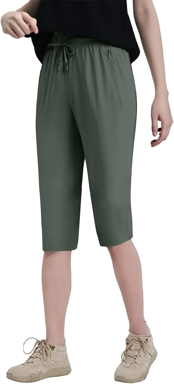 Beeswan Pants for Women Stretchy Active Capri Pants Drawstring Lightweight Quick Drying Hiking Pant with Zip Pockets