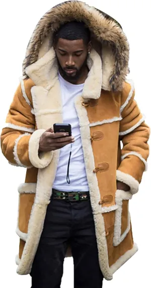 Big and Tall Shearling Coats for Men Sherpa Fleece Lined Sheepskin Leather Jackets Warm Long Trench Coats with Hood