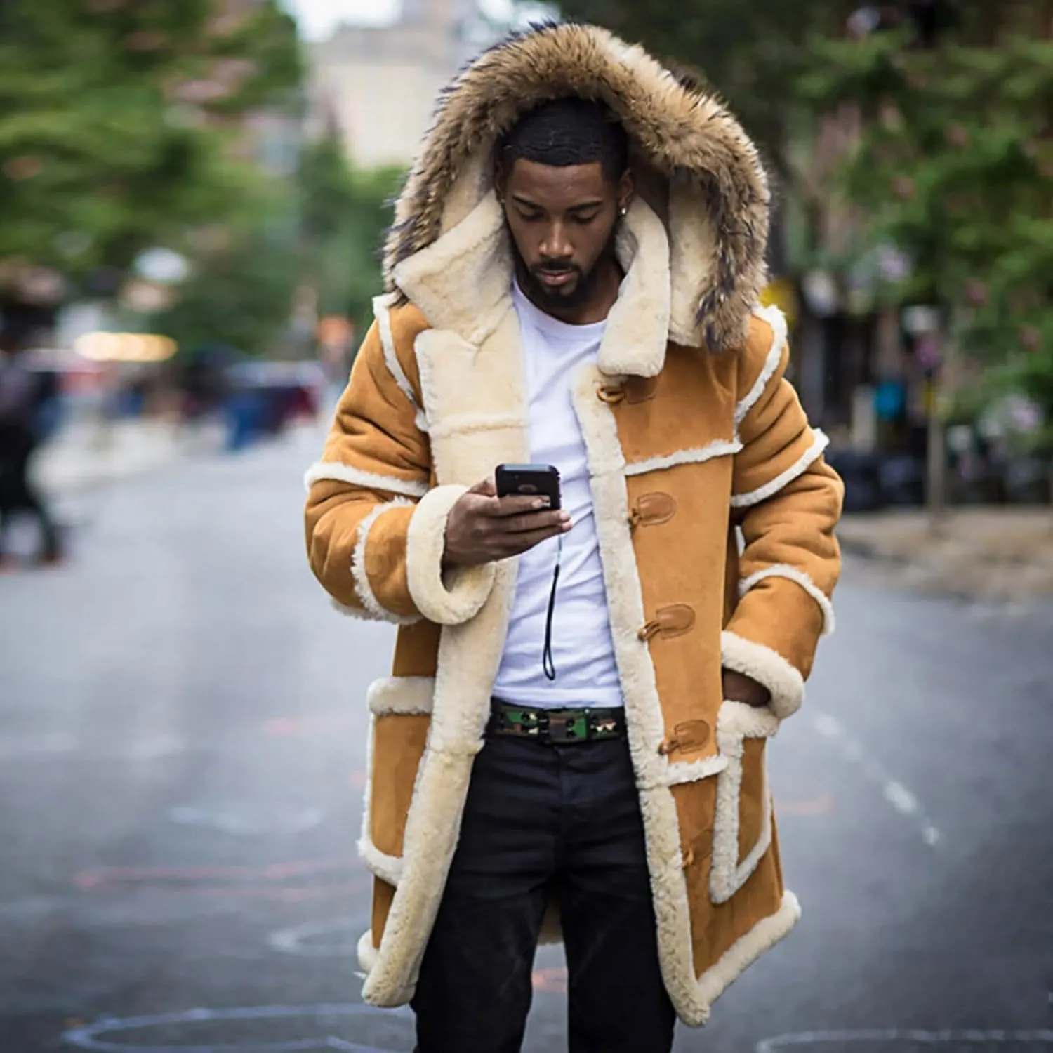 Big and Tall Shearling Coats for Men Sherpa Fleece Lined Sheepskin Leather Jackets Warm Long Trench Coats with Hood