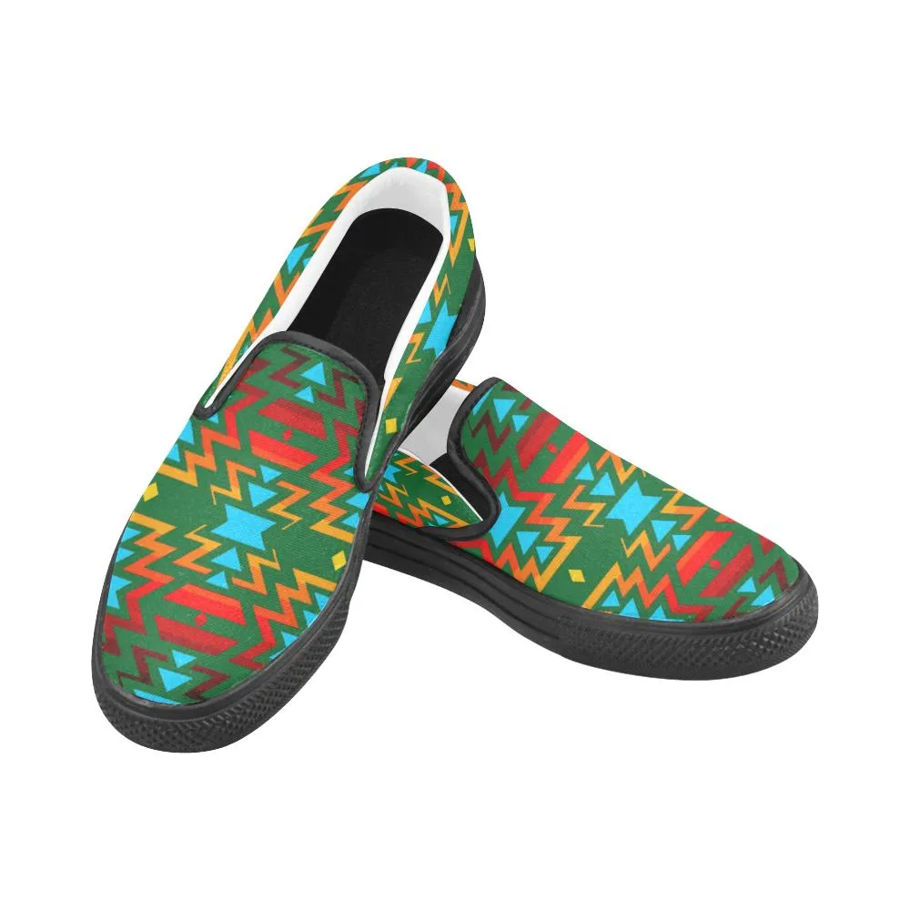 Big Pattern Fire Colors and Sky green Women's Unusual Slip-on Canvas Shoes