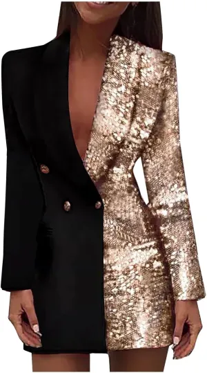 Blazer Jackets for Women Fashion Color Block Suit Collar Coats Long Sleeve Double Breasted Bodycon Blazer Dress
