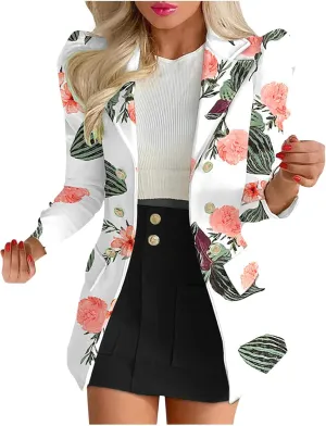 Blazer Sets Women 2 Piece Outfits Fashion Print Jackets Summer Fall Business Casual Coats Short Skirt Suits