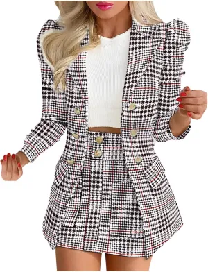 Blazer Sets Women 2 Piece Outfits Fashion Print Jackets Summer Fall Business Casual Coats Short Skirt Suits