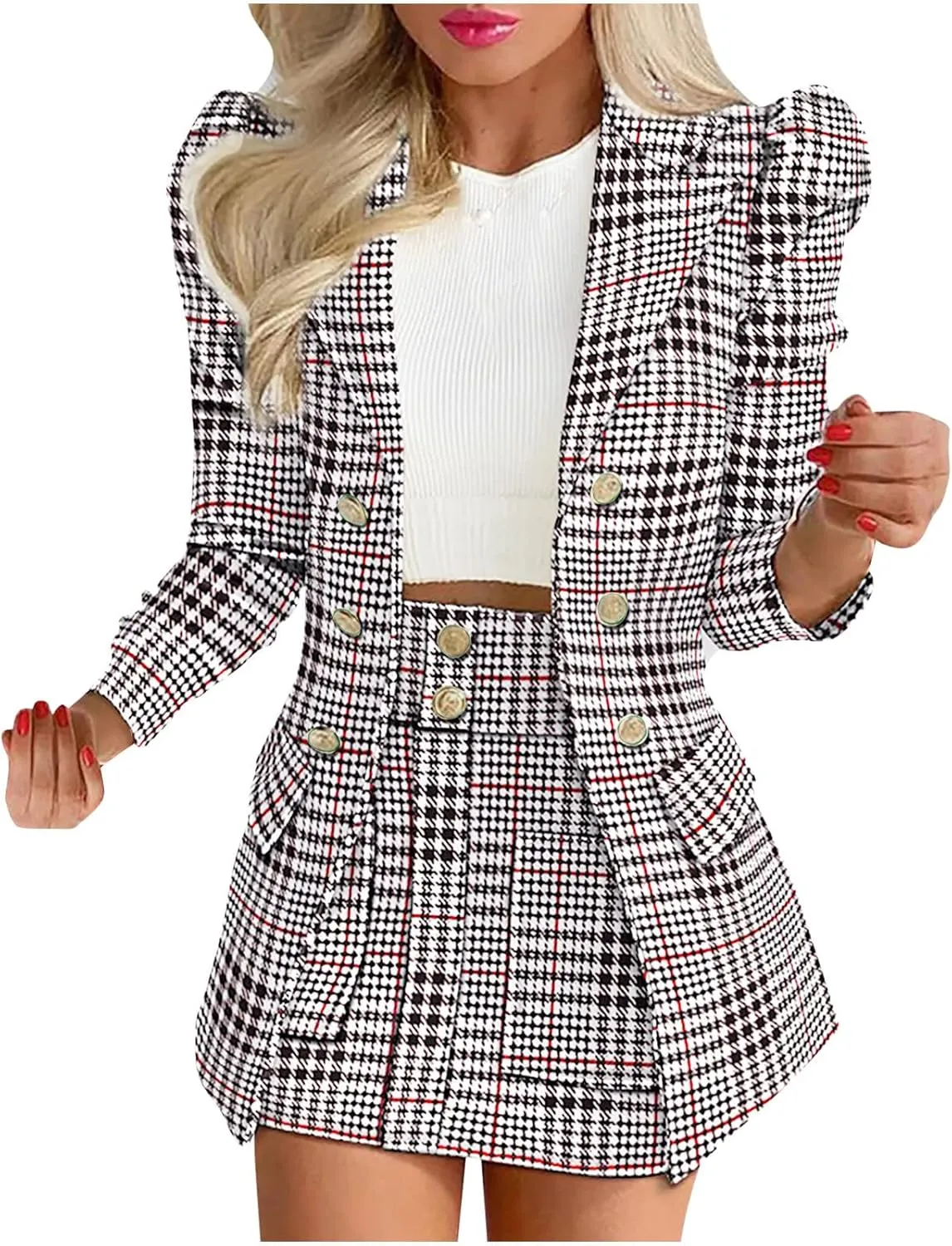 Blazer Sets Women 2 Piece Outfits Fashion Print Jackets Summer Fall Business Casual Coats Short Skirt Suits
