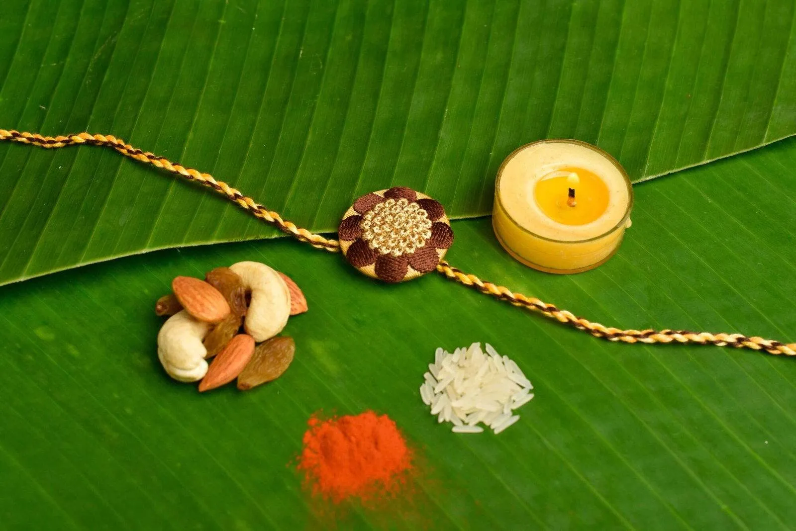 Brown And Golden Handmade Designer Embroidery Rakhi For Brother With Roli And Chawal