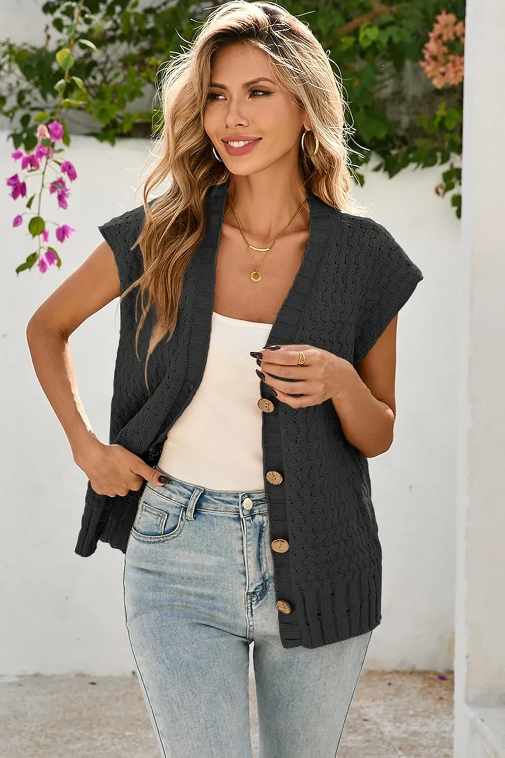 Cakulo Womens Cable Knit Sweater Vest 2025 Oversized Sleeveless Button Down Summer Cardigan Sweaters Tops