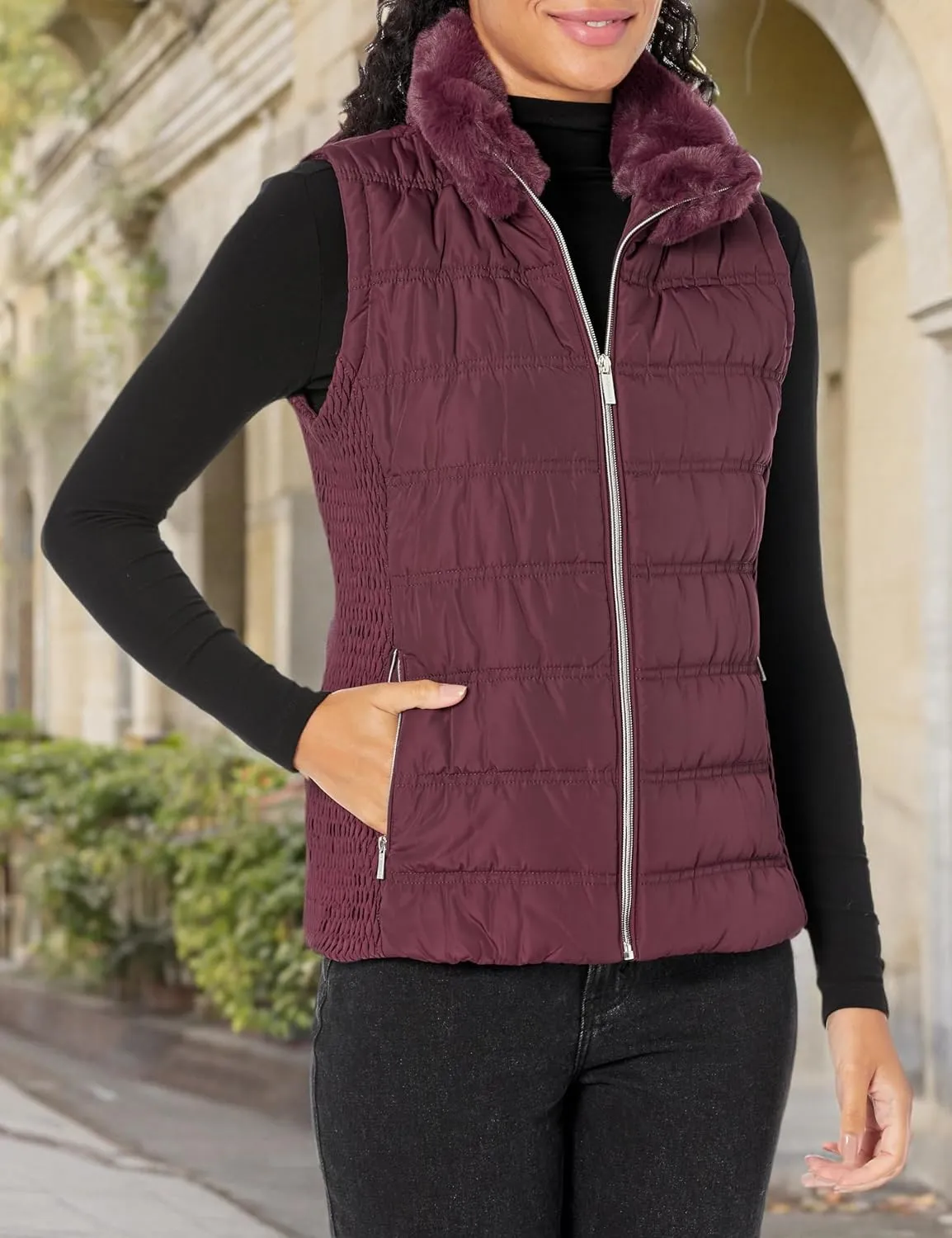Calvin Klein Women's Quilted with Fur Collar Vest