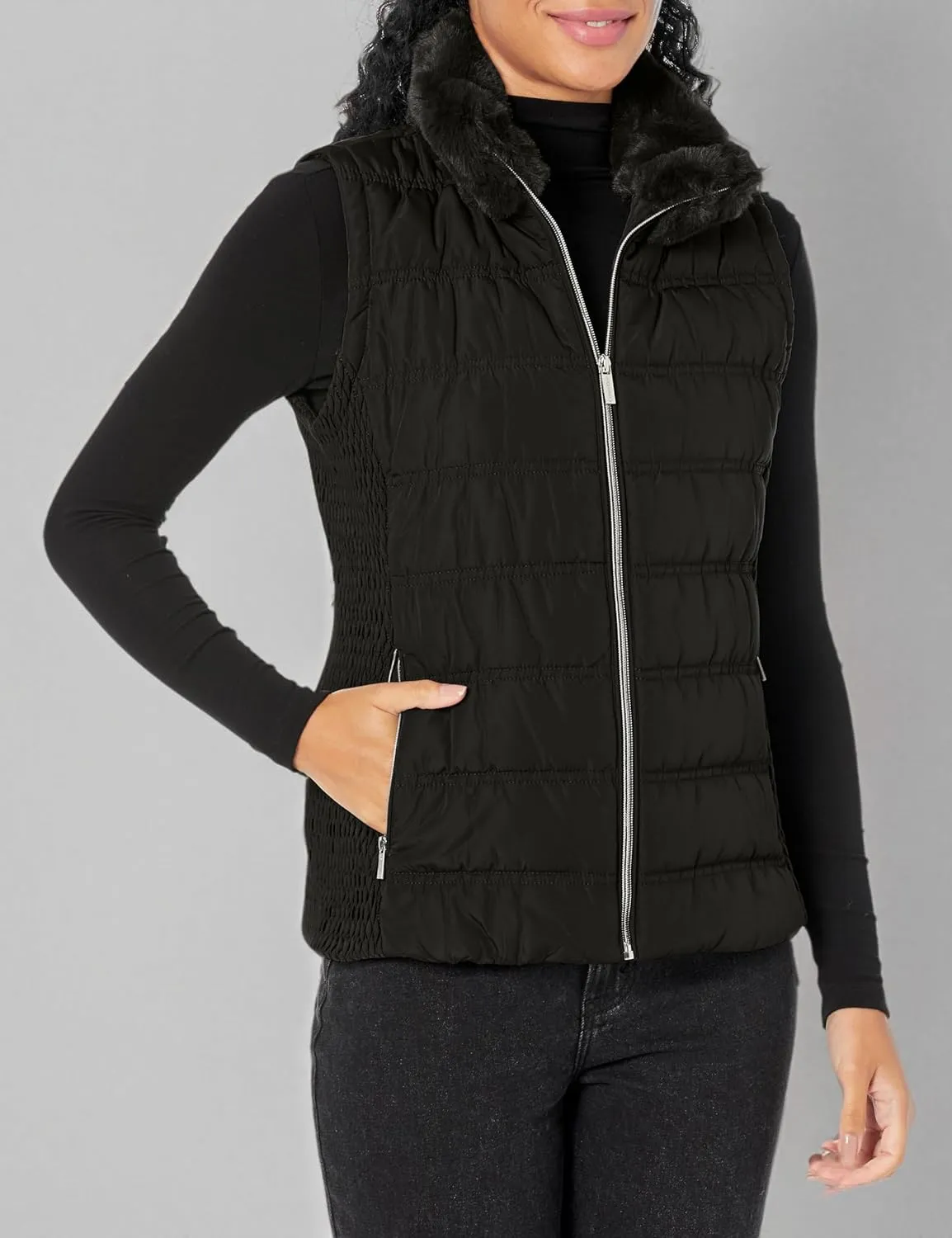 Calvin Klein Women's Quilted with Fur Collar Vest