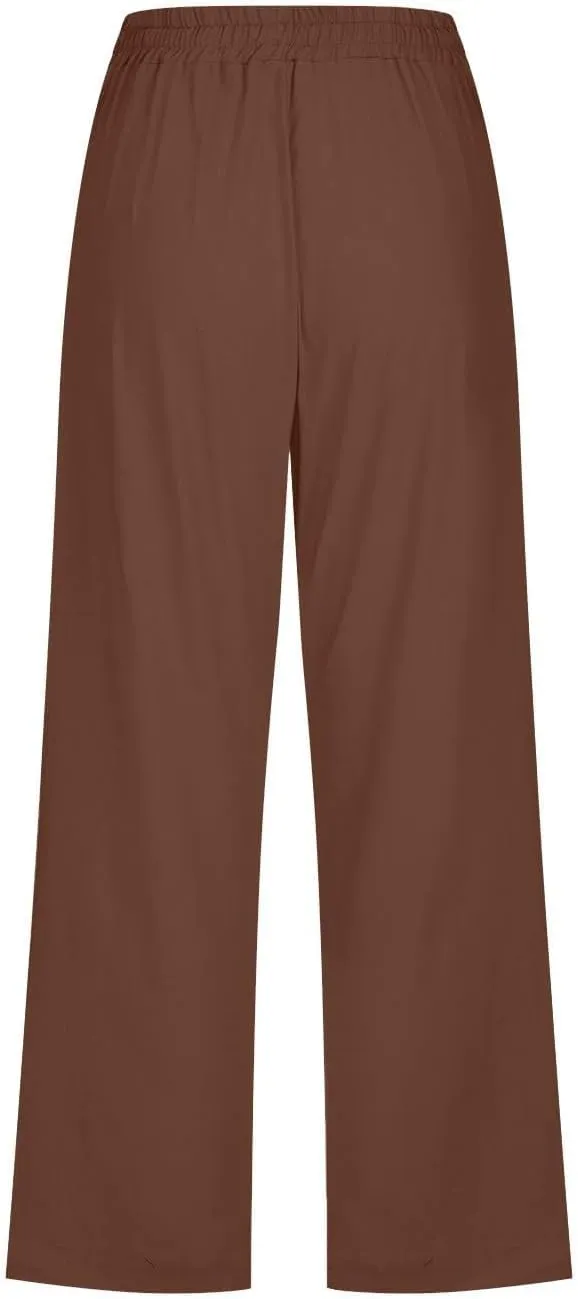 Capri Pants for Women Casual 2025 Summer Drawstring Elastic High Waist Linen Pant Straight Wide Leg Cropped Trouser