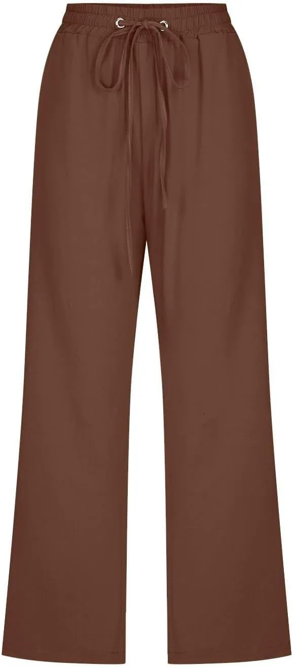 Capri Pants for Women Casual 2025 Summer Drawstring Elastic High Waist Linen Pant Straight Wide Leg Cropped Trouser