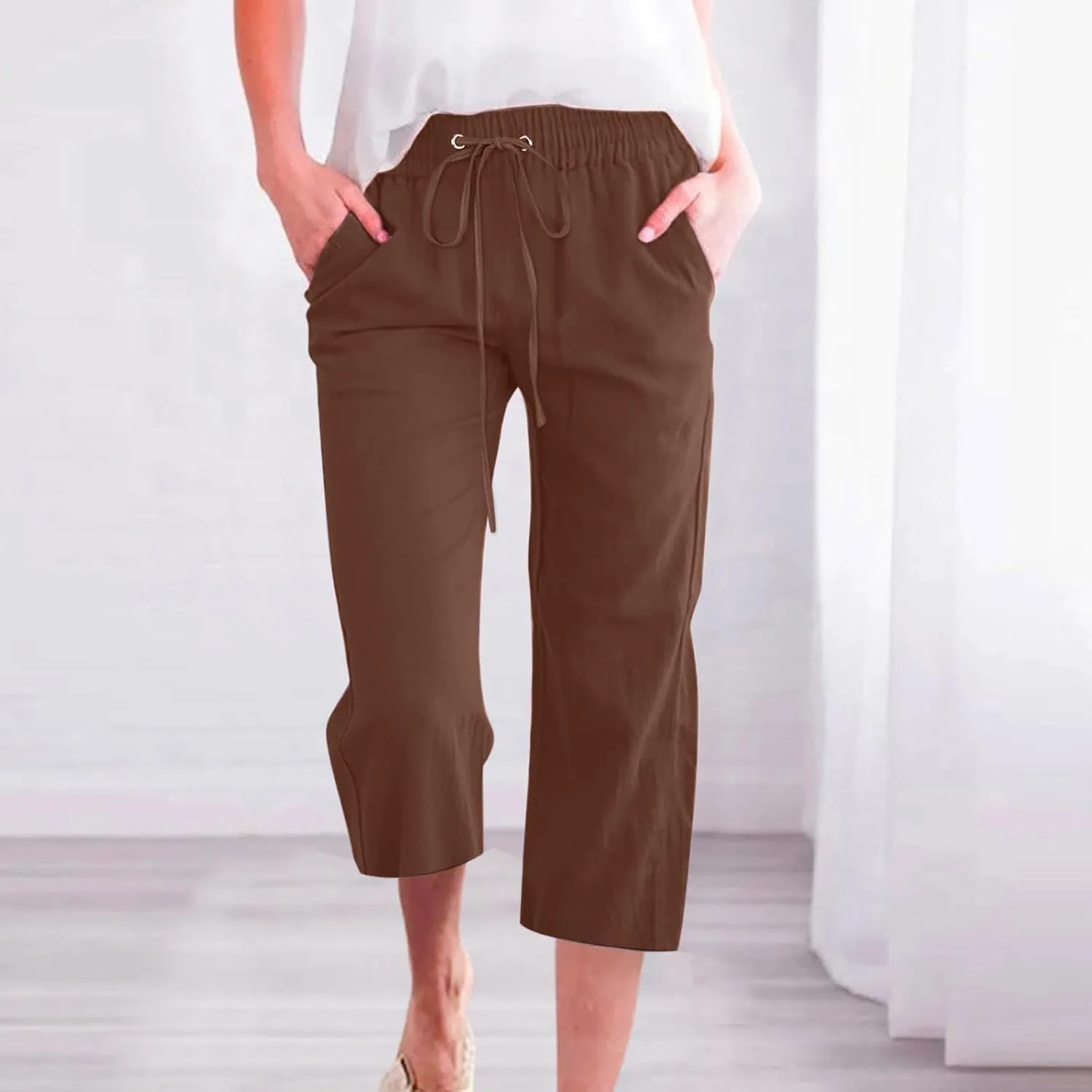 Capri Pants for Women Casual 2025 Summer Drawstring Elastic High Waist Linen Pant Straight Wide Leg Cropped Trouser