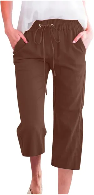 Capri Pants for Women Casual 2025 Summer Drawstring Elastic High Waist Linen Pant Straight Wide Leg Cropped Trouser