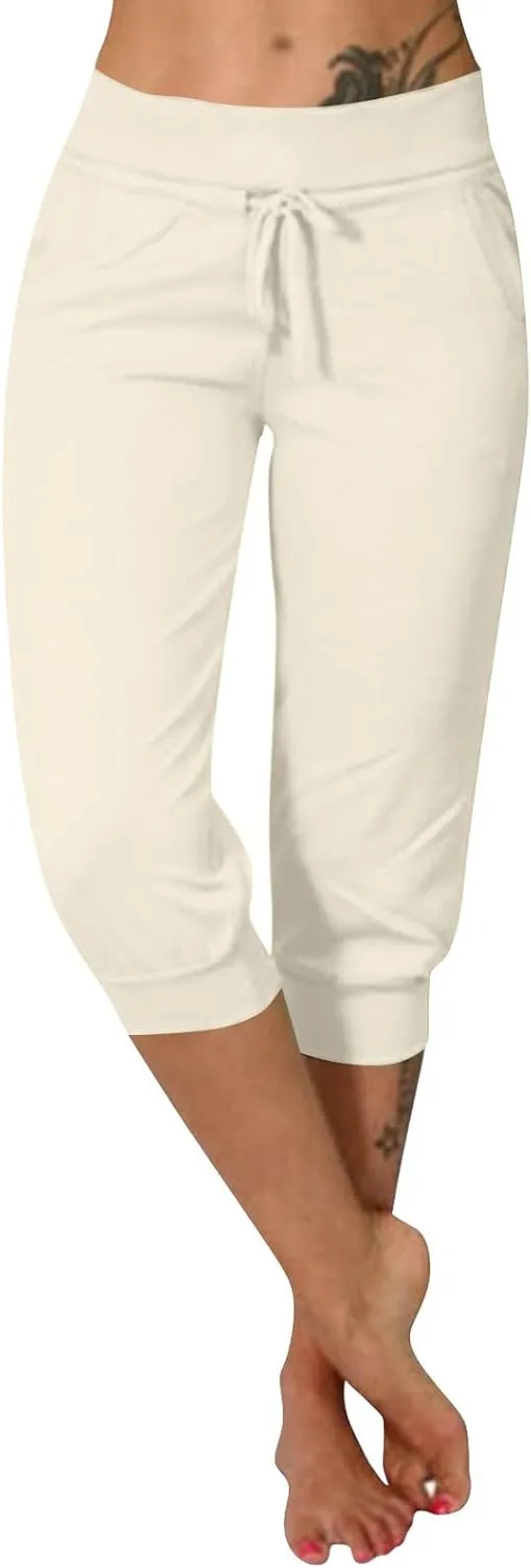 Capri Pants for Women Drawstring High Waisted Lightweight Hiking Joggers Workout Capris Yoga Sweatpants with Pockets