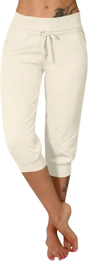 Capri Pants for Women Drawstring High Waisted Lightweight Hiking Joggers Workout Capris Yoga Sweatpants with Pockets