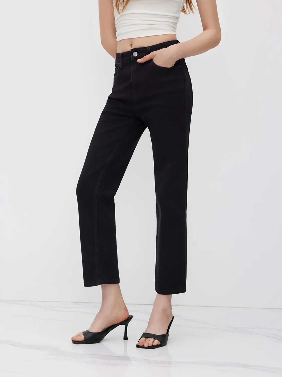 CIDER High Stretch Denim High Waist Pocket Cropped Straight Leg Jeans