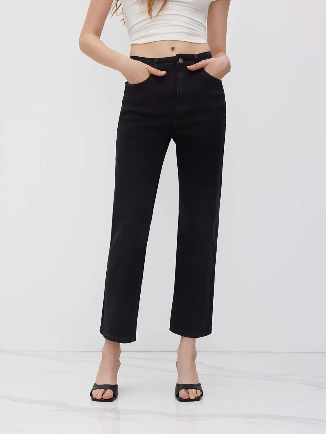 CIDER High Stretch Denim High Waist Pocket Cropped Straight Leg Jeans