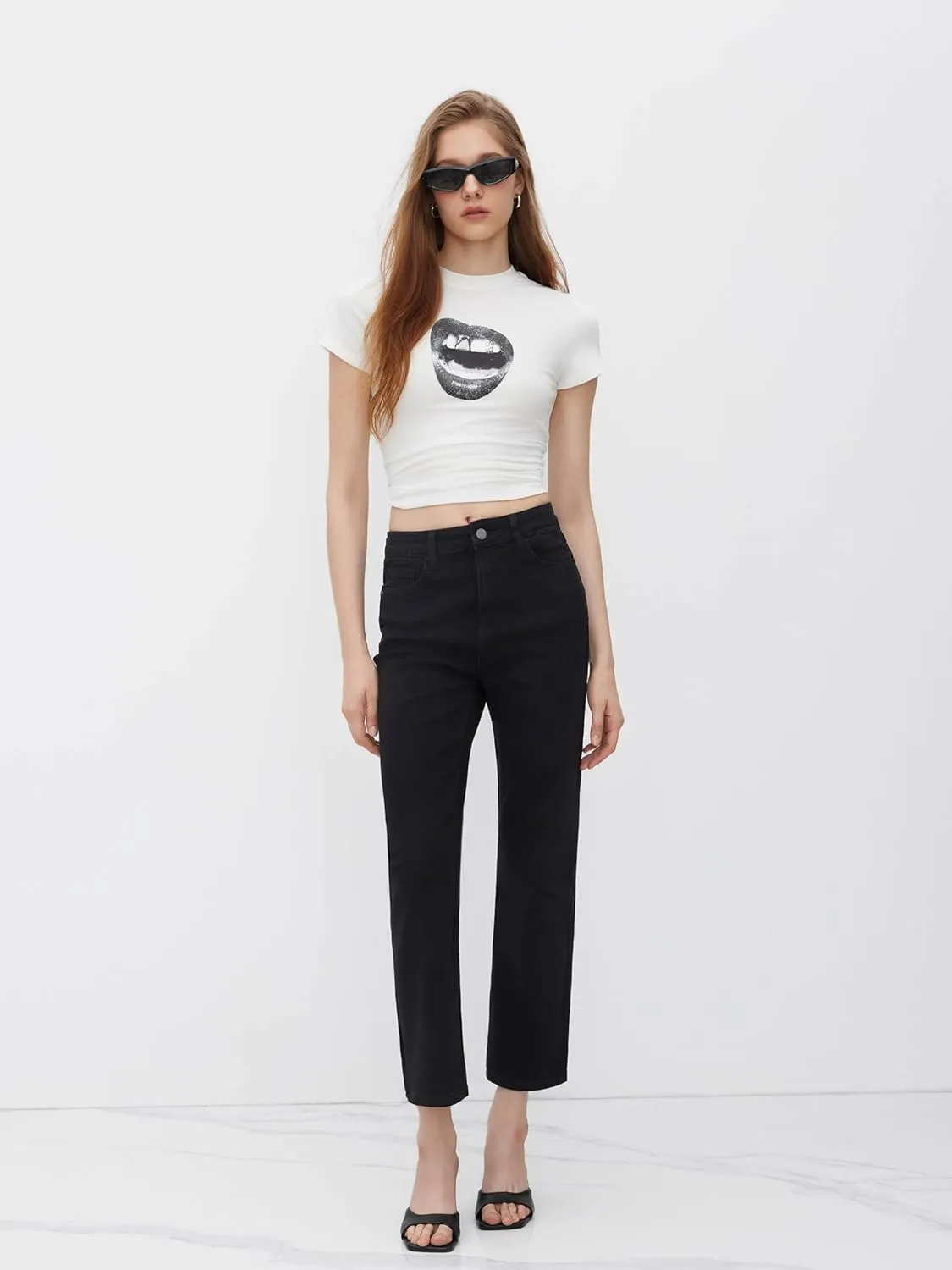 CIDER High Stretch Denim High Waist Pocket Cropped Straight Leg Jeans