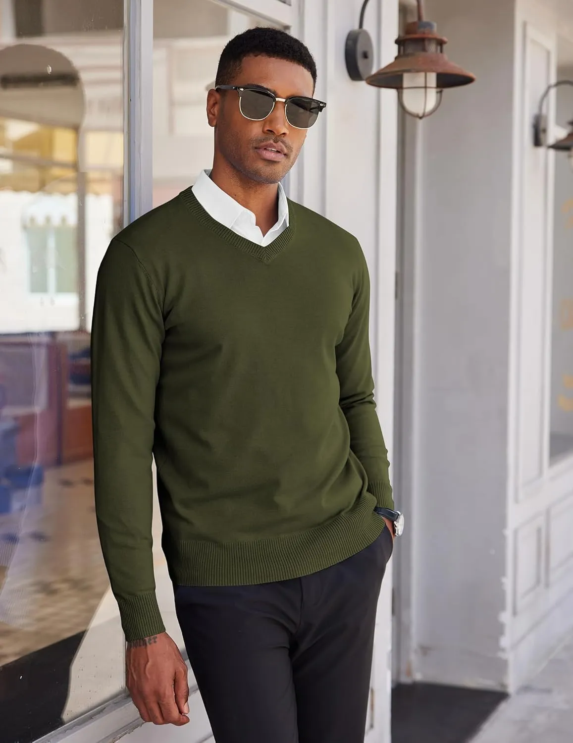 COOFANDY Men's V Neck Pullover Sweater Slim Fit Casual Dress Sweater Lightweight Knitted Sweaters