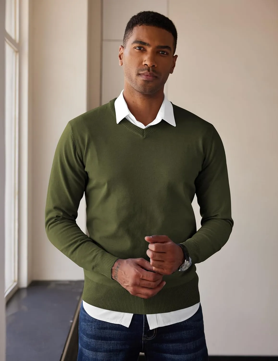 COOFANDY Men's V Neck Pullover Sweater Slim Fit Casual Dress Sweater Lightweight Knitted Sweaters