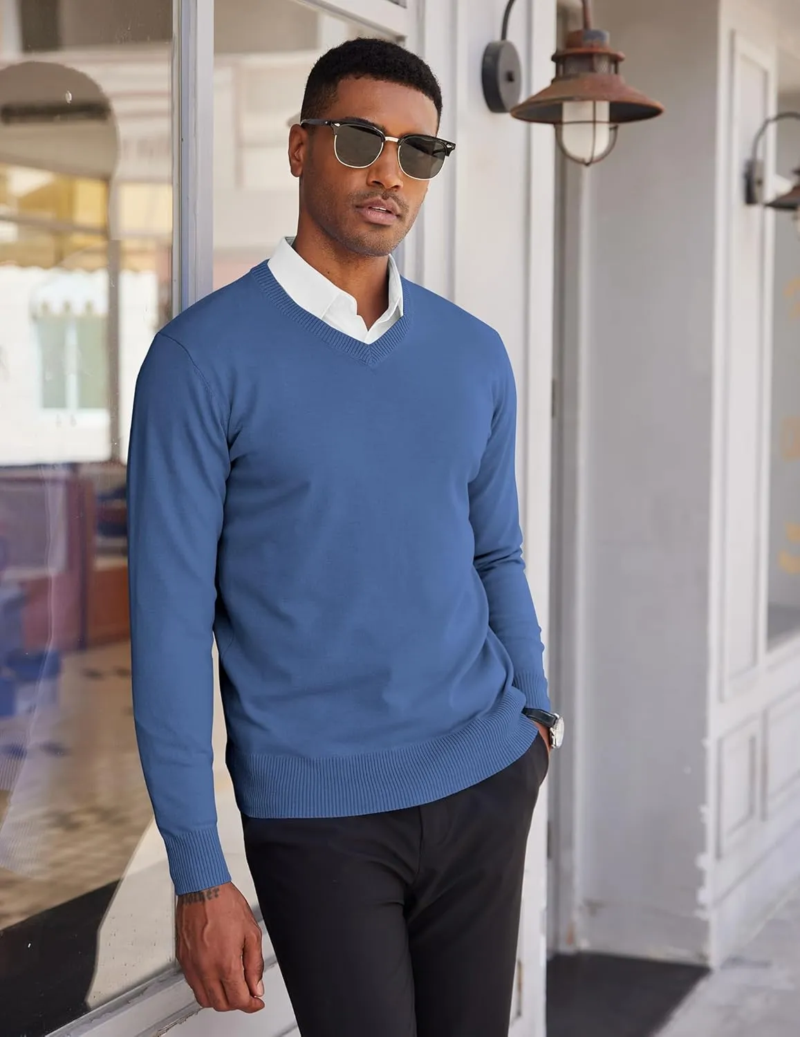 COOFANDY Men's V Neck Pullover Sweater Slim Fit Casual Dress Sweater Lightweight Knitted Sweaters