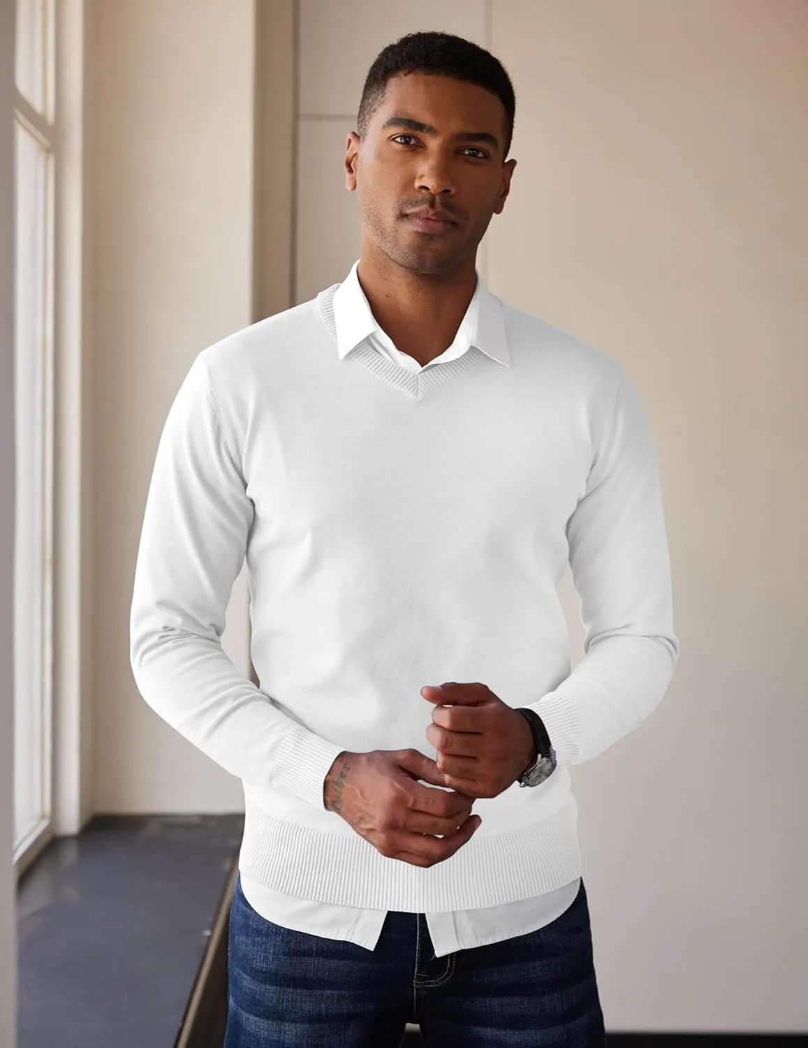 COOFANDY Men's V Neck Pullover Sweater Slim Fit Casual Dress Sweater Lightweight Knitted Sweaters