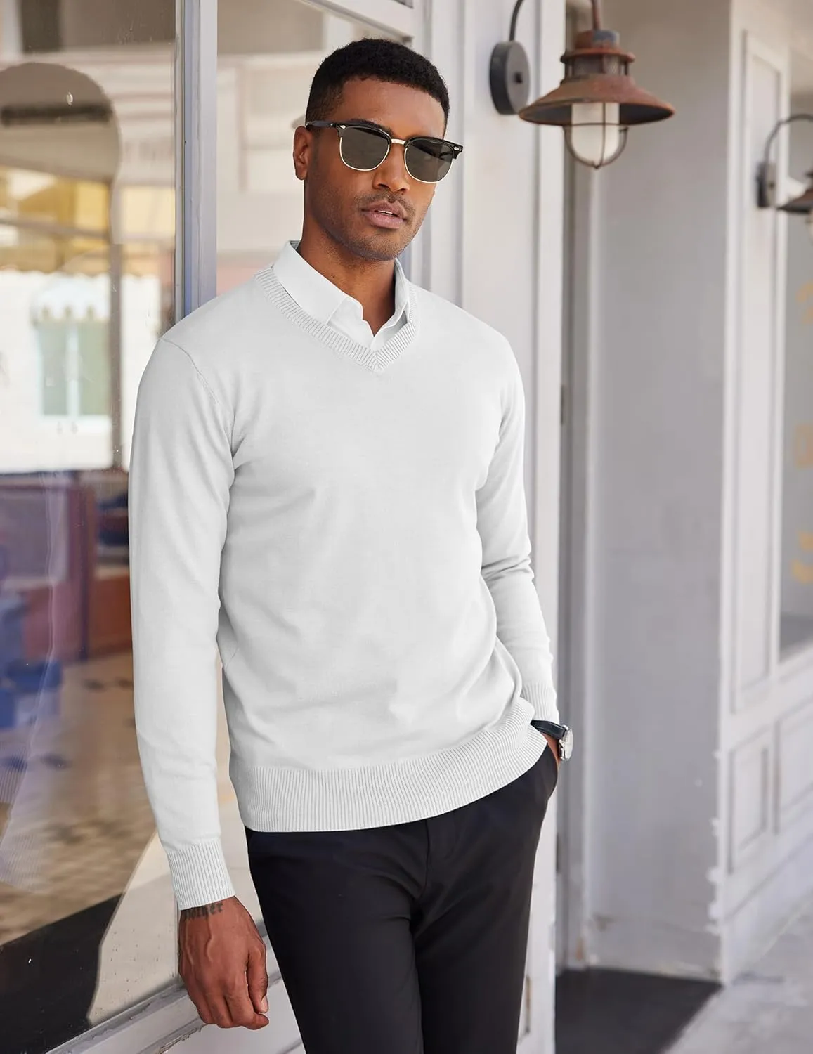 COOFANDY Men's V Neck Pullover Sweater Slim Fit Casual Dress Sweater Lightweight Knitted Sweaters