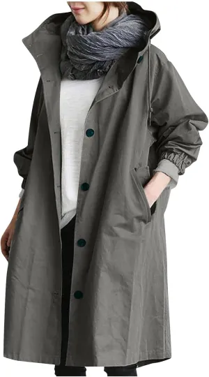 COTECRAM Women's Trench Jackets Plus Size Casual Long Rain Jacket Fashion Winter Hooded Oversized Windbreaker Coats Outerwear