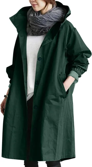 COTECRAM Women's Trench Jackets Plus Size Casual Long Rain Jacket Fashion Winter Hooded Oversized Windbreaker Coats Outerwear