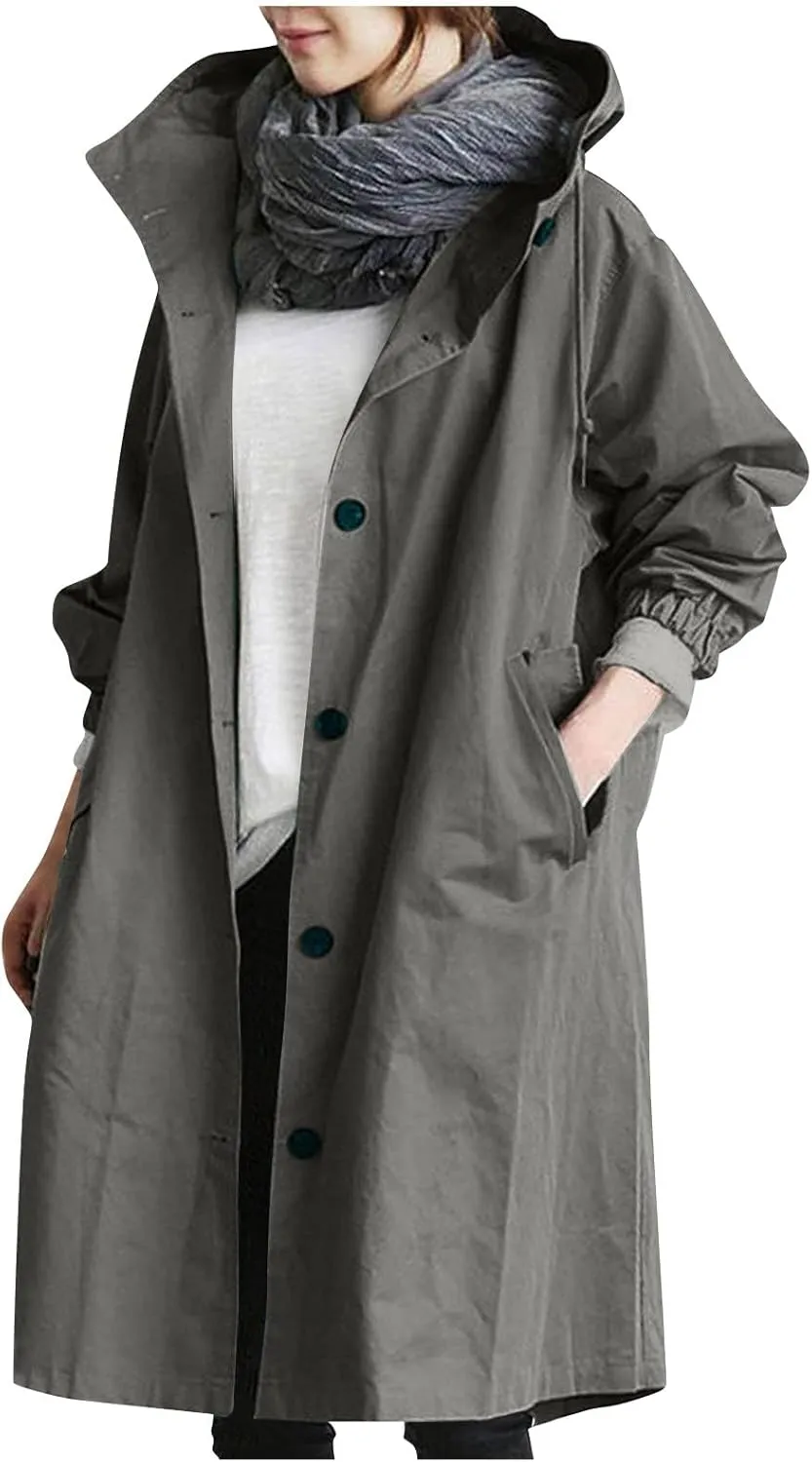 COTECRAM Women's Trench Jackets Plus Size Casual Long Rain Jacket Fashion Winter Hooded Oversized Windbreaker Coats Outerwear