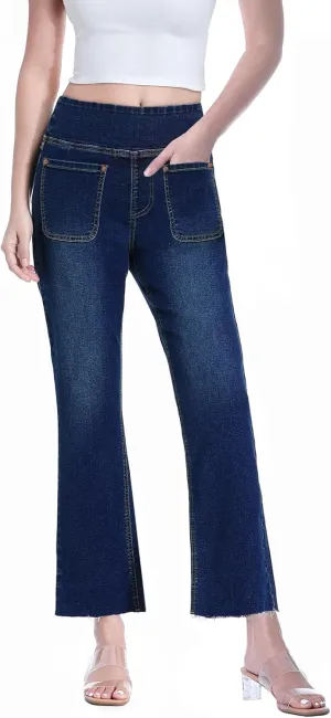Cropped Pull on Jeans for Women, Trendy Stretchy High Waisted Flared Jeans Skinny Bell Bottom Boot Cut Jeans
