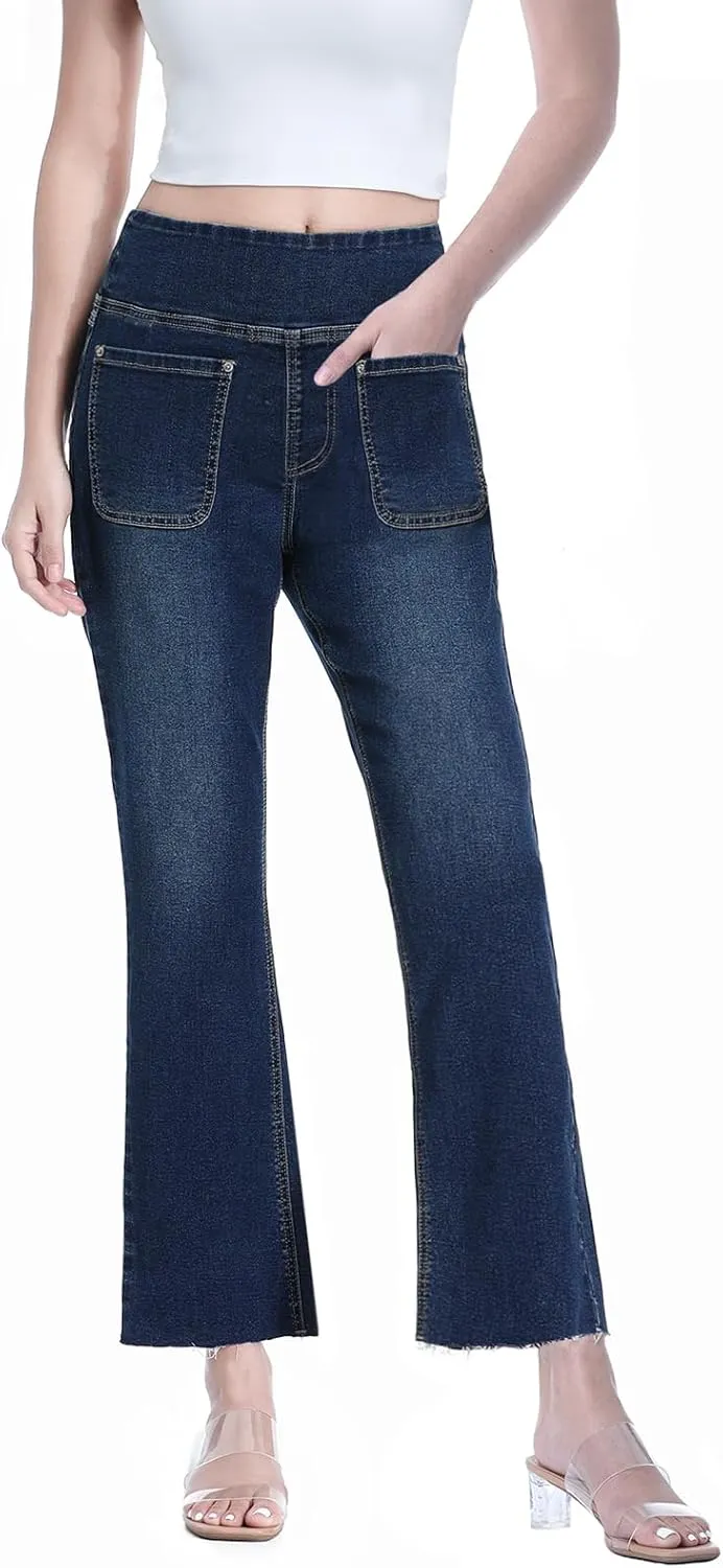 Cropped Pull on Jeans for Women, Trendy Stretchy High Waisted Flared Jeans Skinny Bell Bottom Boot Cut Jeans