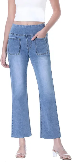 Cropped Pull on Jeans for Women, Trendy Stretchy High Waisted Flared Jeans Skinny Bell Bottom Boot Cut Jeans